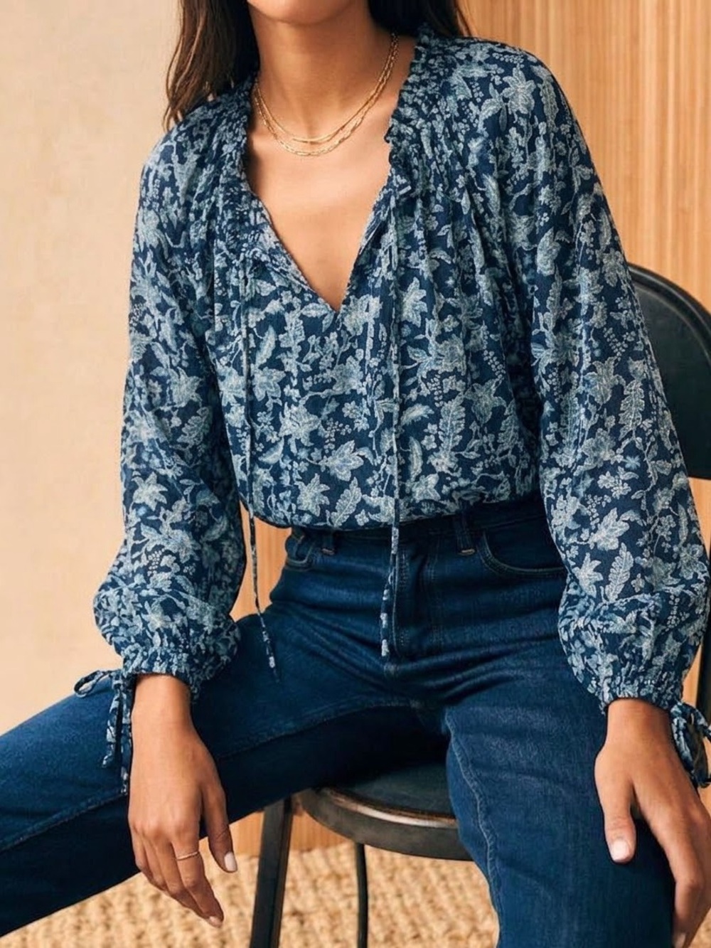 Faherty Emery Peasant Blouse Blue Esna Floral with Tie Closure